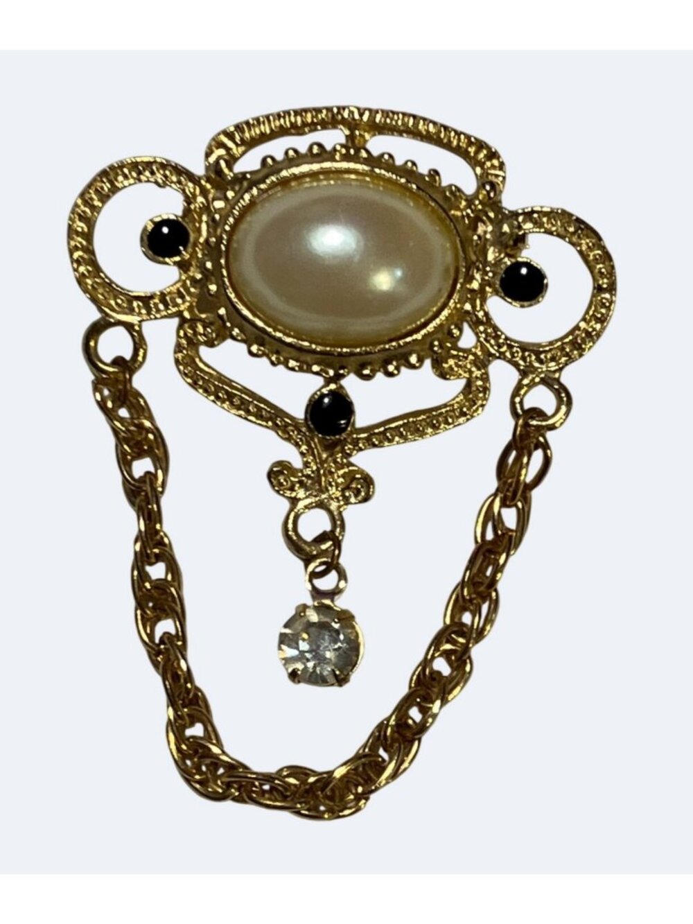 Gold Tone Brooch Pin With Faux Pearl Black Gem Accents Chain Details